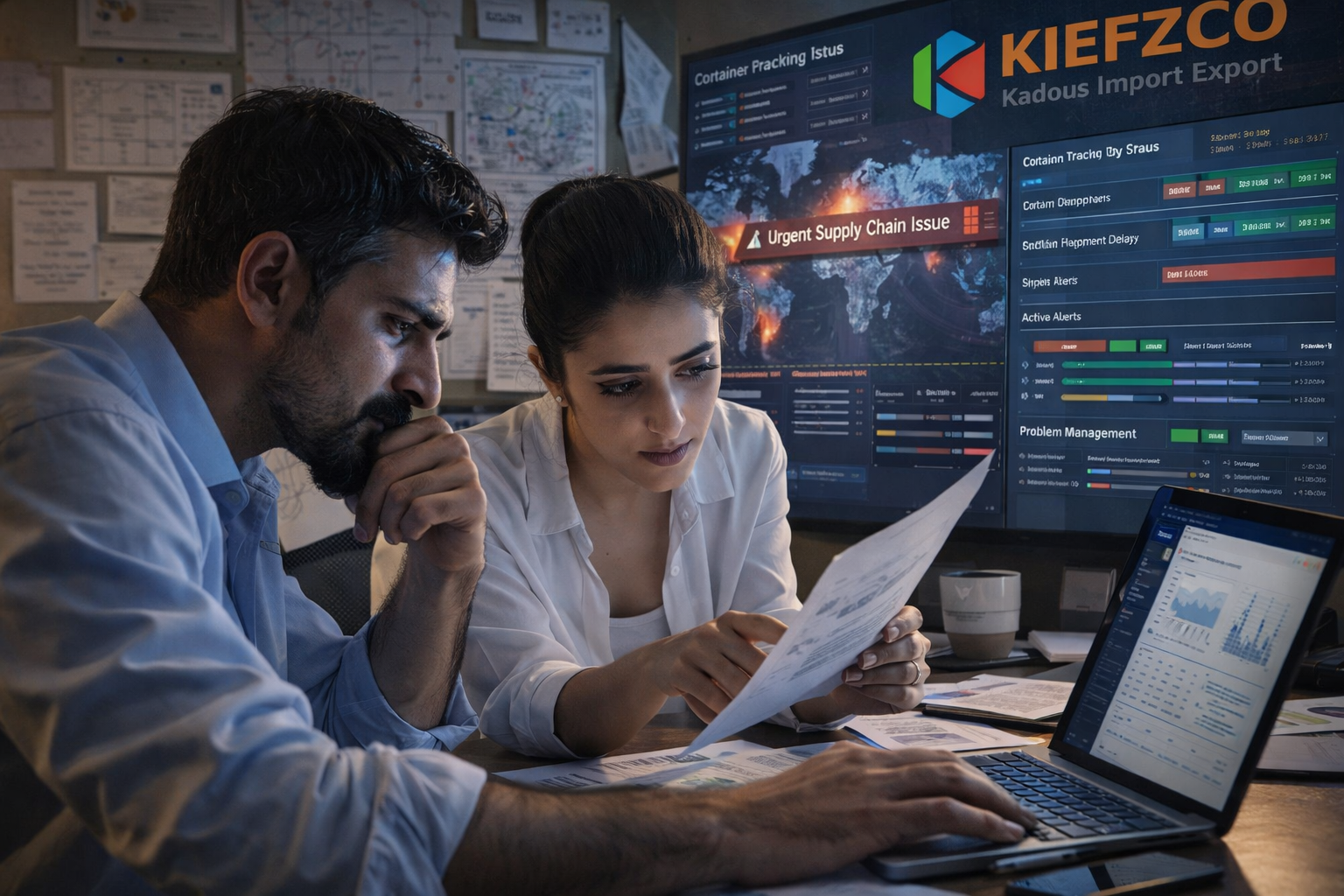 founders analyzing urgent supply chain issues with logistics data dashboards and documents in a high-pressure operations environment