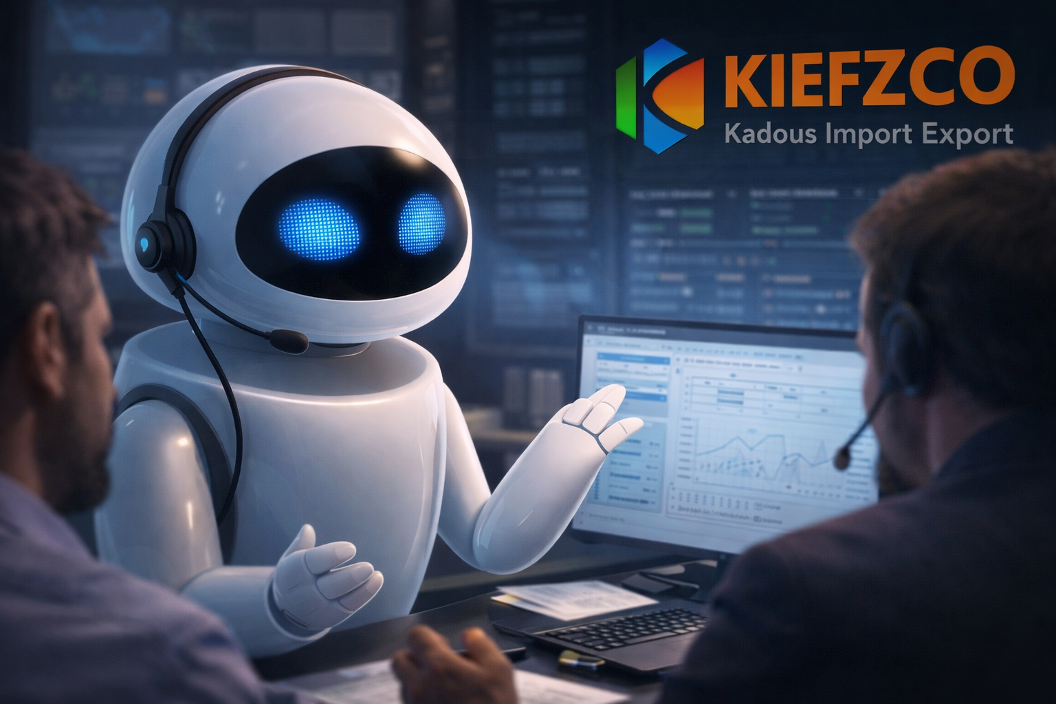 AI-powered investor relations assistant communicating with investors using data dashboards and real-time analytics in a professional environment