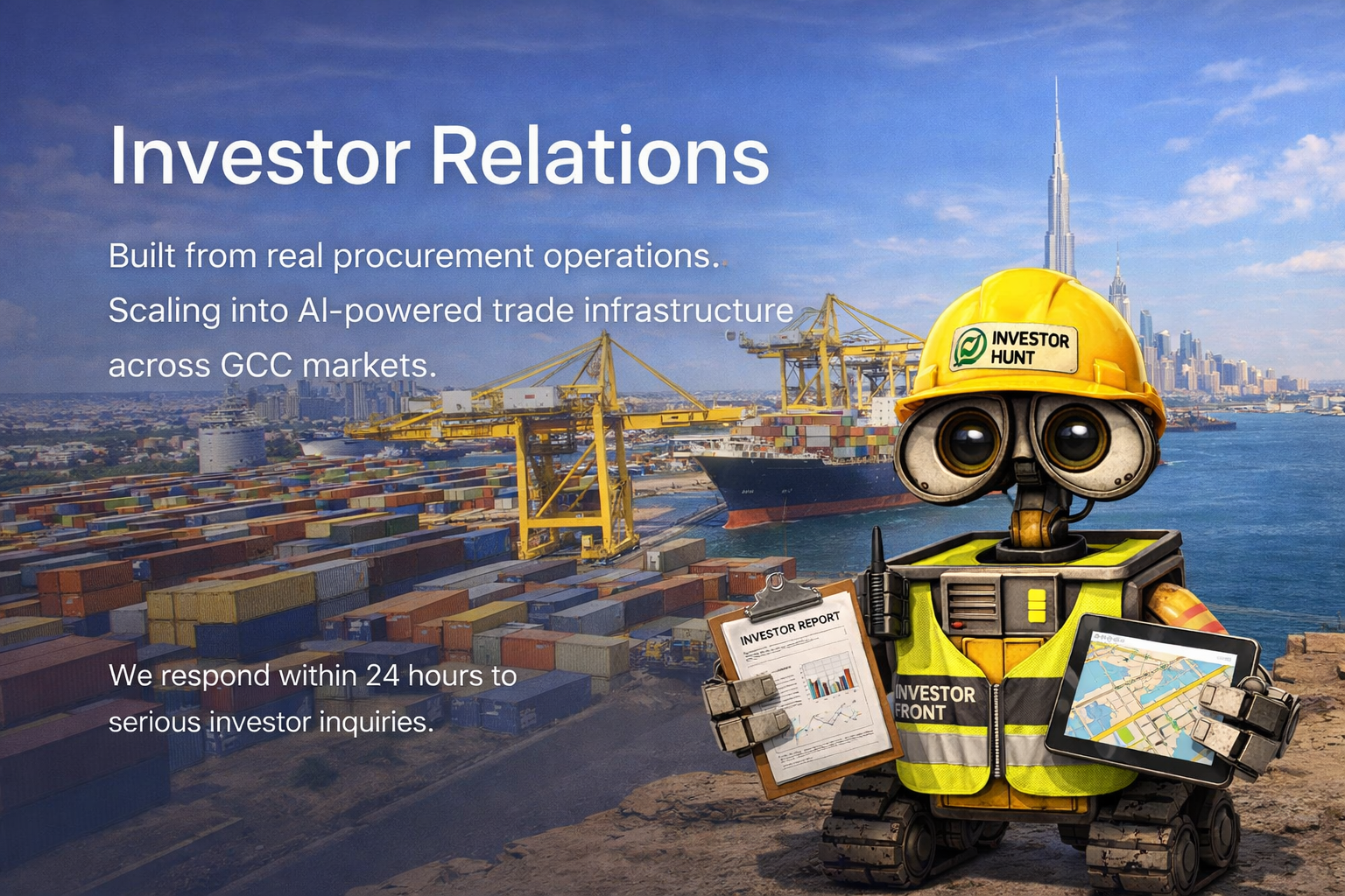 AI-powered procurement agent at Jebel Ali port in Dubai representing KIEFZCO investor relations and GCC trade automation infrastructure