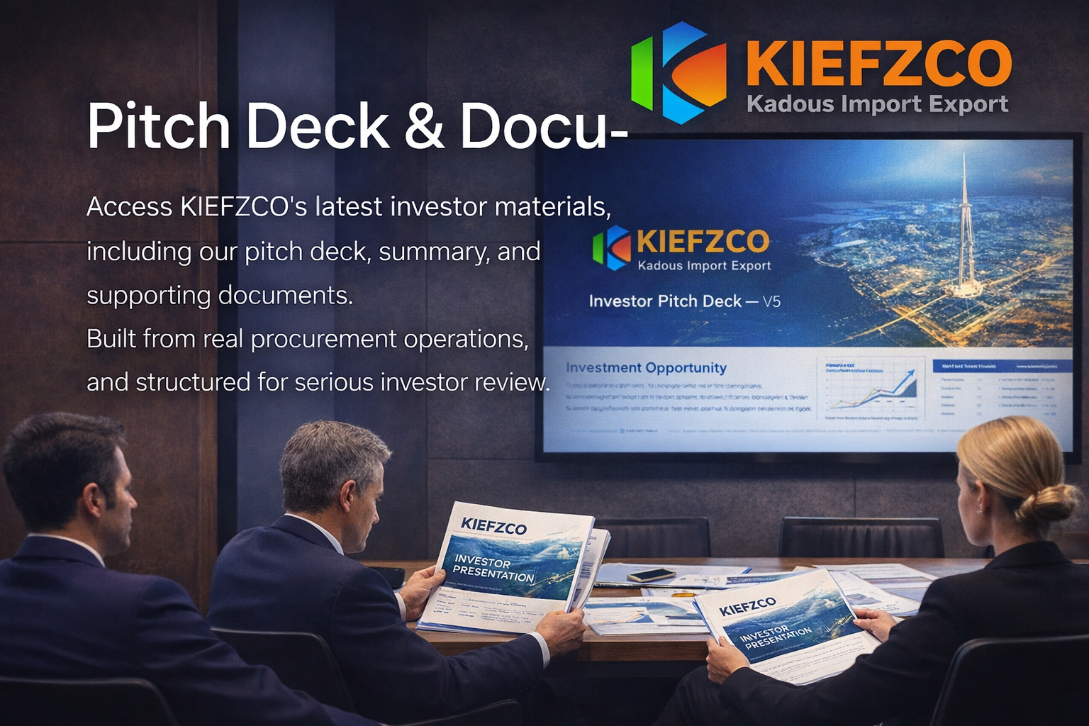 investors reviewing KIEFZCO pitch deck and investor documents in a professional meeting environment with presentation screen